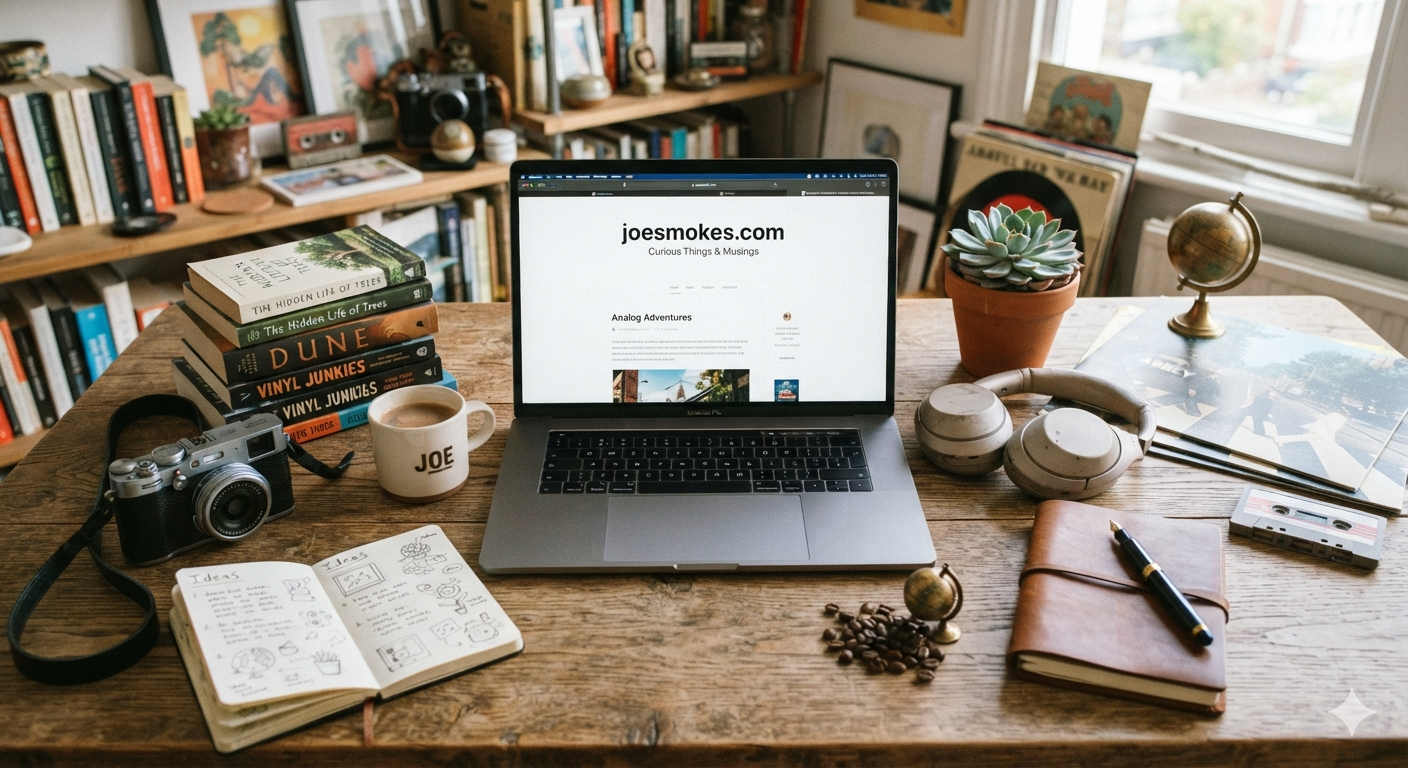 A wooden desk with an open laptop, a film camera, stacked books, records, headphones and a mug of coffee.